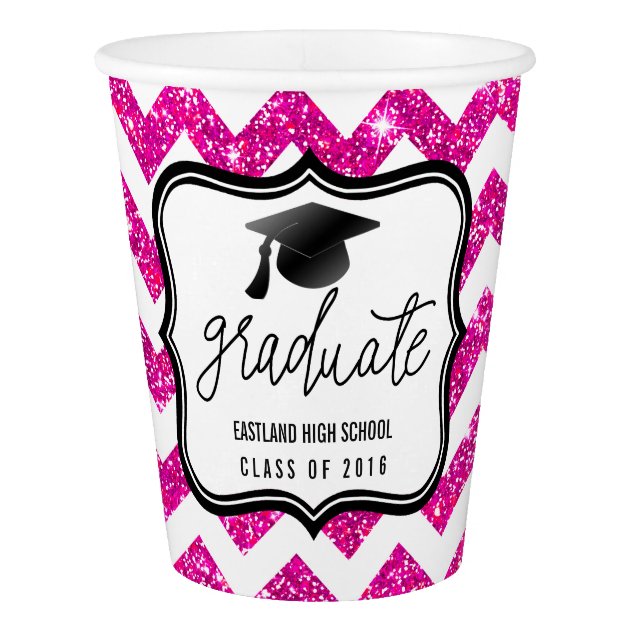 Pink Faux Glitter Chevron | Graduate | Black Hat Paper Cup