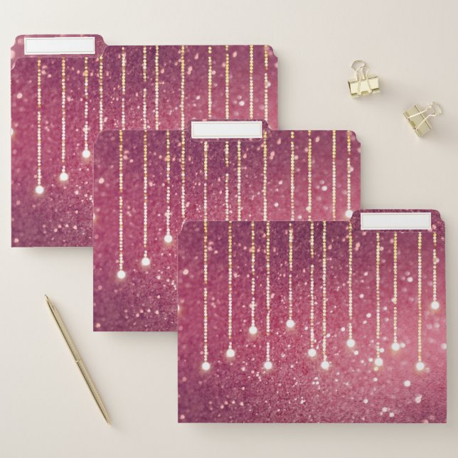 Pink faux glitter chic string lights sparkling file folder (Set)