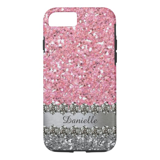 Pink Faux Glitter Diamond Bling Personalized Case-Mate iPhone Case (Back)