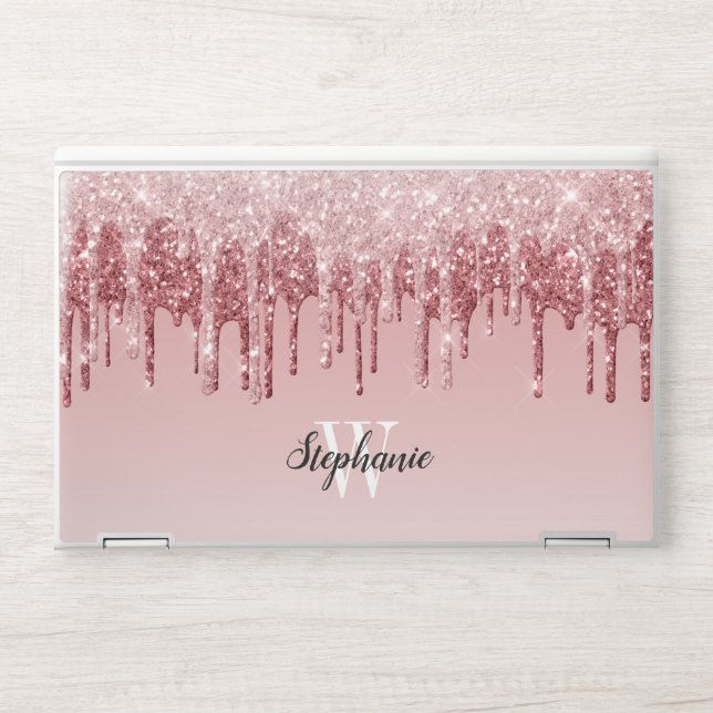 Pink Faux Glitter Drip Sparkle Ombre Monogram HP Laptop Skin (Front)