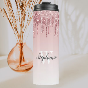 Pink Faux Glitter Drip Sparkle Ombre Monogram Thermal Tumbler