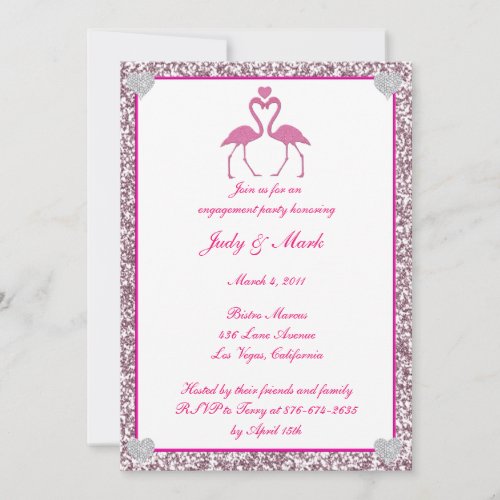 Pink Faux Glitter Flamingo Engagement Party Invite