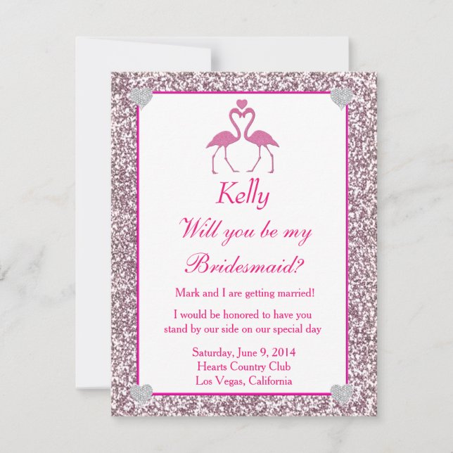 Pink Faux Glitter Flamingo Love Bridesmaid Card (Front)