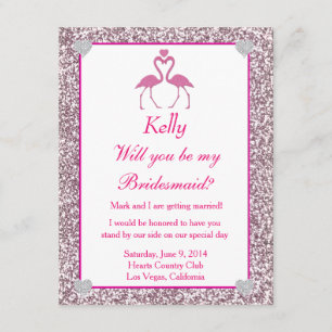 Pink Faux Glitter Flamingo Love Bridesmaid Card