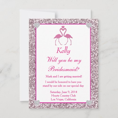 Pink Faux Glitter Flamingo Love Bridesmaid Card