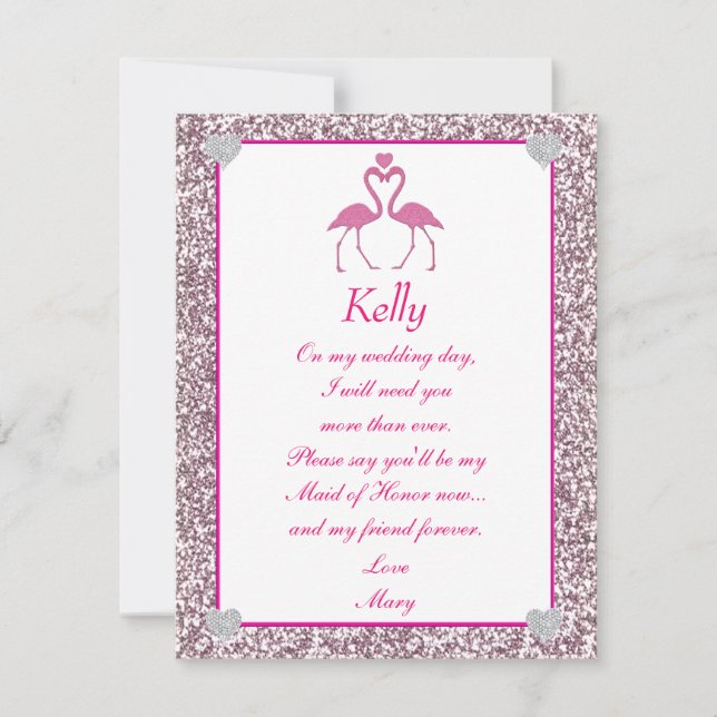 Pink Faux Glitter Flamingo Love Maid Of Honor Card (Front)
