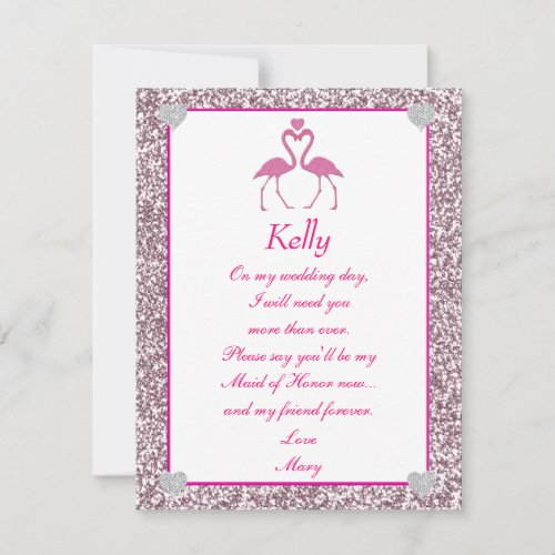 Pink Faux Glitter Flamingo Love Maid Of Honor Card