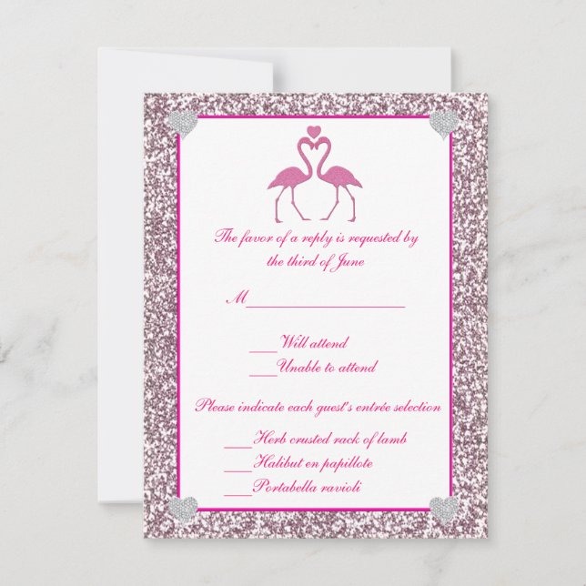 Pink Faux Glitter Flamingo Love Response Card (Front)