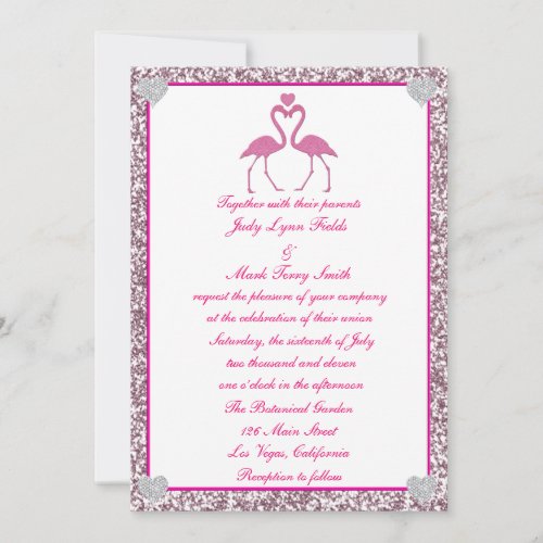 Pink Faux Glitter Flamingo Love Wedding Invitation