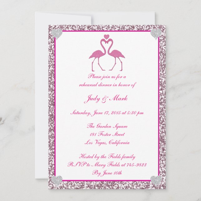Pink Faux Glitter Flamingo Rehearsal Dinner Invite (Front)