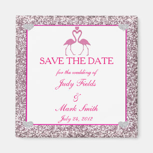 Pink Faux Glitter Flamingo Save The Date Magnet