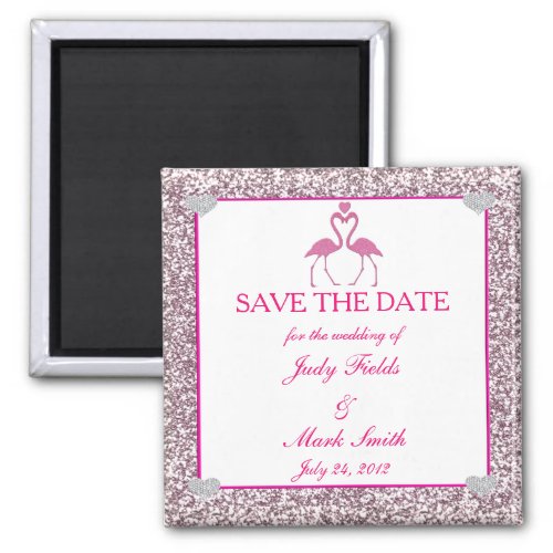 Pink Faux Glitter Flamingo Save The Date Magnet