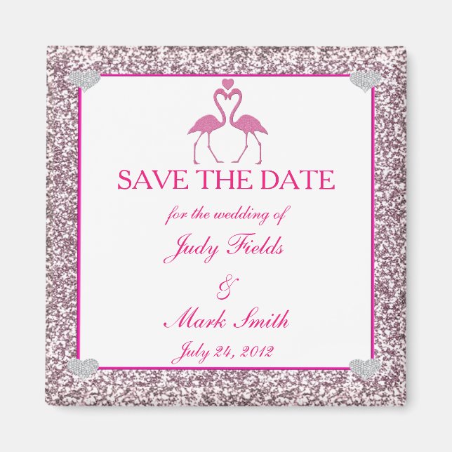Pink Faux Glitter Flamingo Save The Date Magnet (Front)