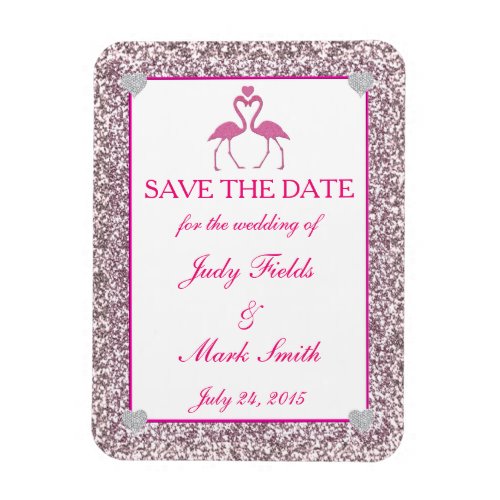 Pink Faux Glitter Flamingo Save The Date Magnet