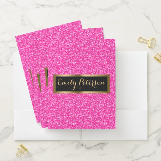 Pink Faux Glitter Gold Accents Pocket Folder
