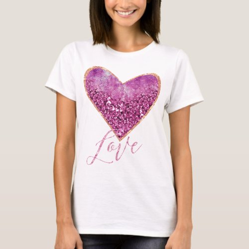 Pink Faux Glitter Gold Border Heart Love T_Shirt