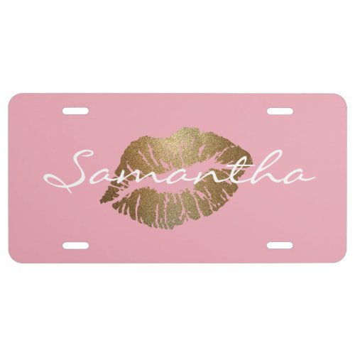 Pink Faux Glitter Gold Kisses License Plate