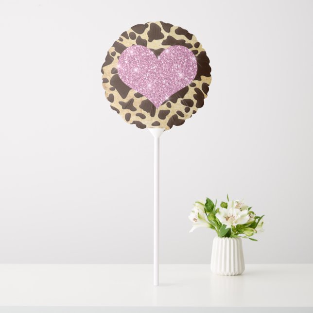 Pink Faux Glitter Heart Brown Leopard Balloon (In SItu)