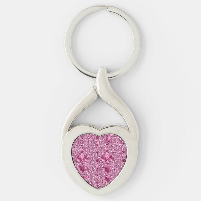Pink Faux Glitter & Heart Droplets Keychain (Front)