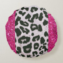 Pink Faux Glitter Leopard Print Round Throw Pillow