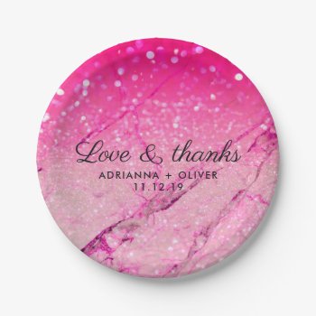Pink Faux Glitter Marble Pattern Wedding Thank You Paper Plates by ohwhynotweddings at Zazzle