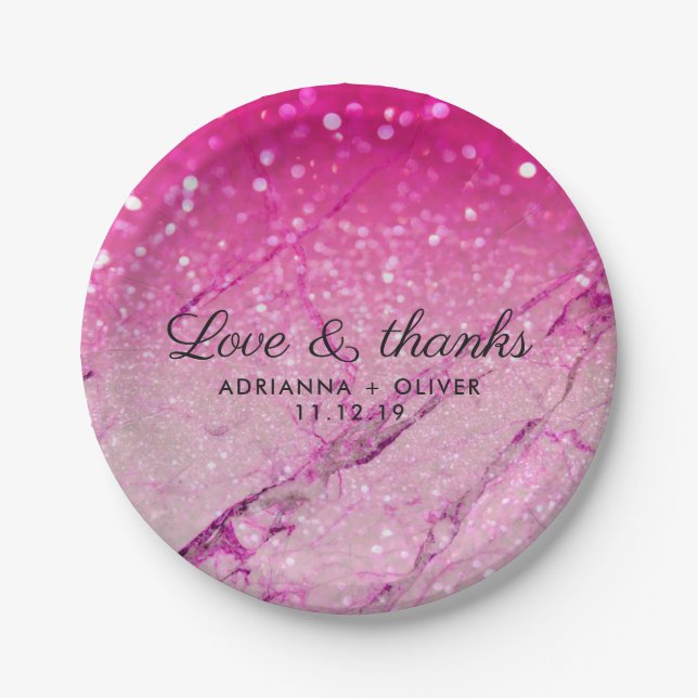 Pink Faux Glitter Marble Pattern Wedding Thank You Paper Plates (Front)