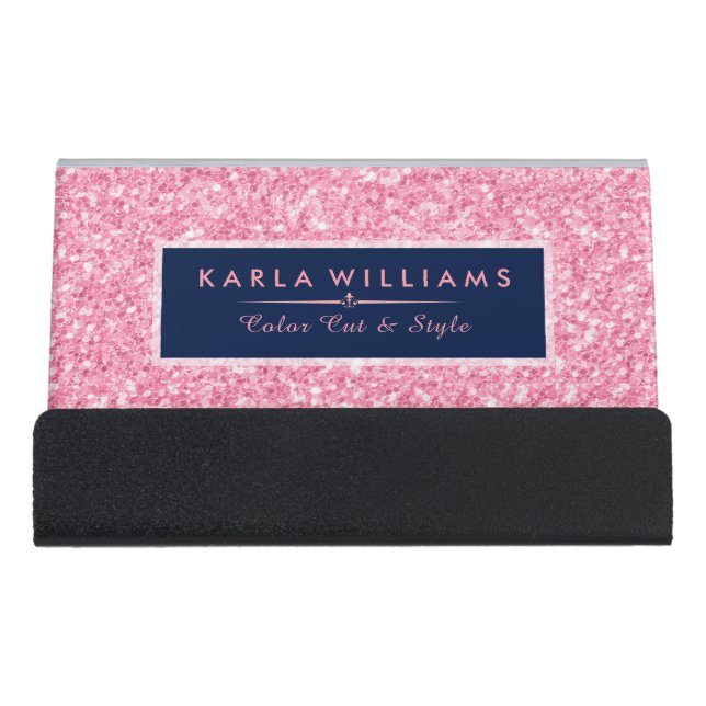 Pink Faux Glitter Modern Design Desk Business Card Holder (Front)