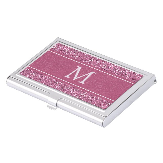 Pink Faux Glitter Monogram Business Card Holder (Front)