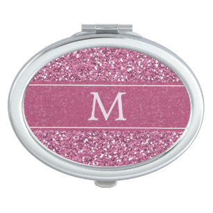Pink Faux Glitter Monogram Makeup Mirror