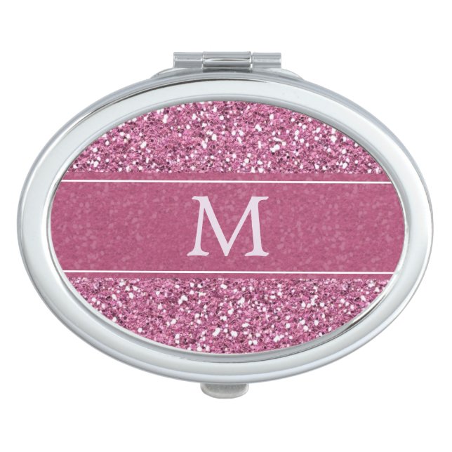 Pink Faux Glitter Monogram Makeup Mirror (Front)