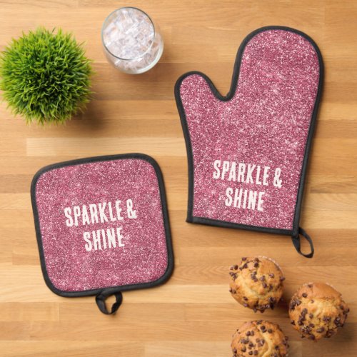 Pink Faux Glitter Oven Mitt  Pot Holder Set