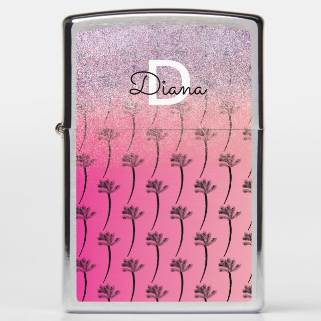 Pink Faux Glitter Palm Tree Monogram Zippo Lighter (Front)