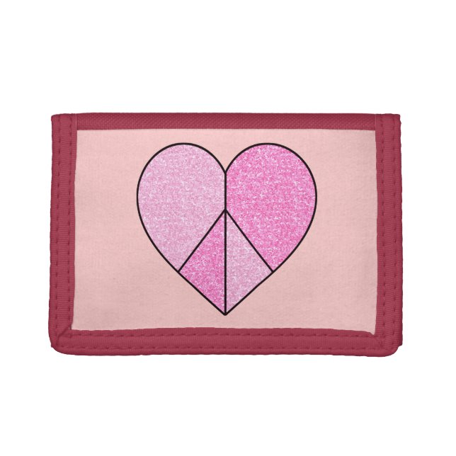 Pink Faux Glitter Peace Sign Heart Trifold Wallet (Front)