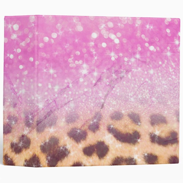 Pink Faux Glitter Shining Leopard Pattern Girly 3 Ring Binder (Front/Spine)