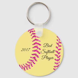Pink Faux Glitter Softball Stitches Keychain
