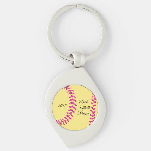 Pink Faux Glitter Softball Stitches Keychain