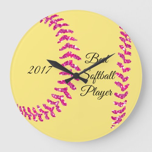 Pink Faux Glitter Softball Stitches Large Clock