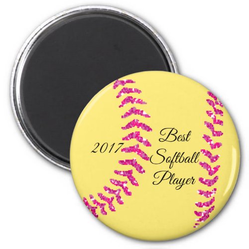 Pink Faux Glitter Softball Stitches Magnet