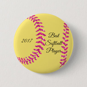 Pink Faux Glitter Softball Stitches Pinback Button