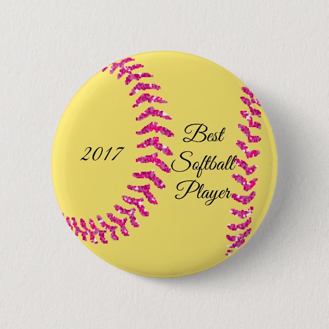 Pink Faux Glitter Softball Stitches Pinback Button (Front)