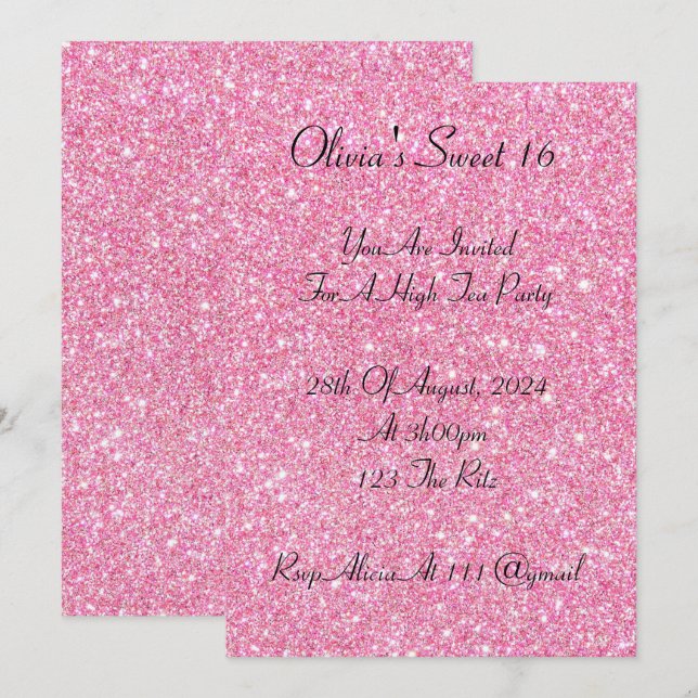 pink faux glitter sweet 16 birthday invitation (Front/Back)
