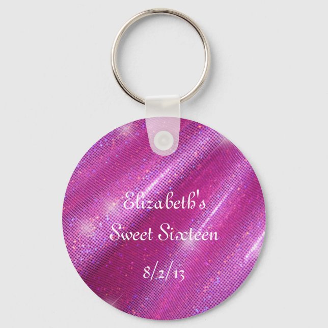 Pink, Faux Glitter, Sweet Sixteen Favor Keychain (Front)