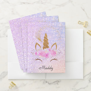 PINK FAUX GLITTER UNICORN POCKET FOLDER
