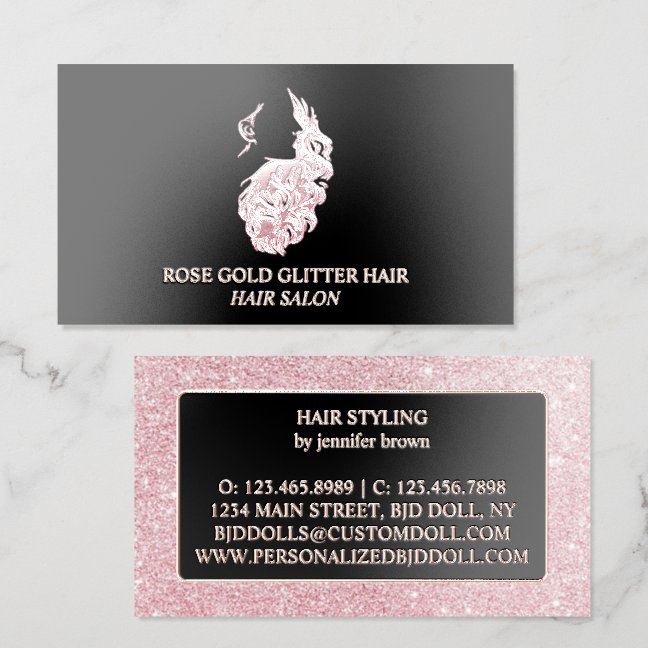 Pink Faux Glitter Woman Silhouette Hair Salon Foil Spot Gloss Business Cards