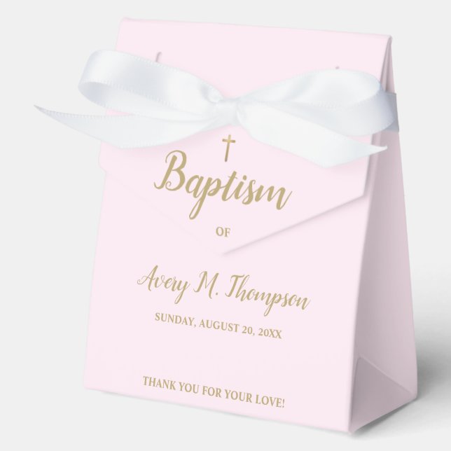 Pink Faux gold cross Script Baptism Favor Box (Front)