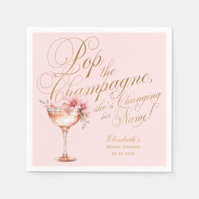Pink Faux Gold Floral Champagne Bridal Shower Napkins (Front)