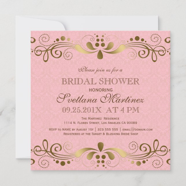 Pink & Faux Gold Floral Lace Bridal Shower Invite (Front)