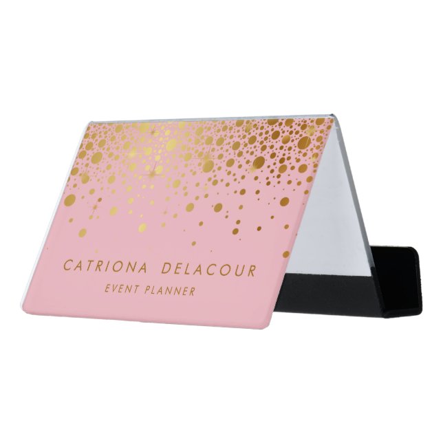 Pink Faux Gold Foil Confetti Business Card Holder (Angled Back)