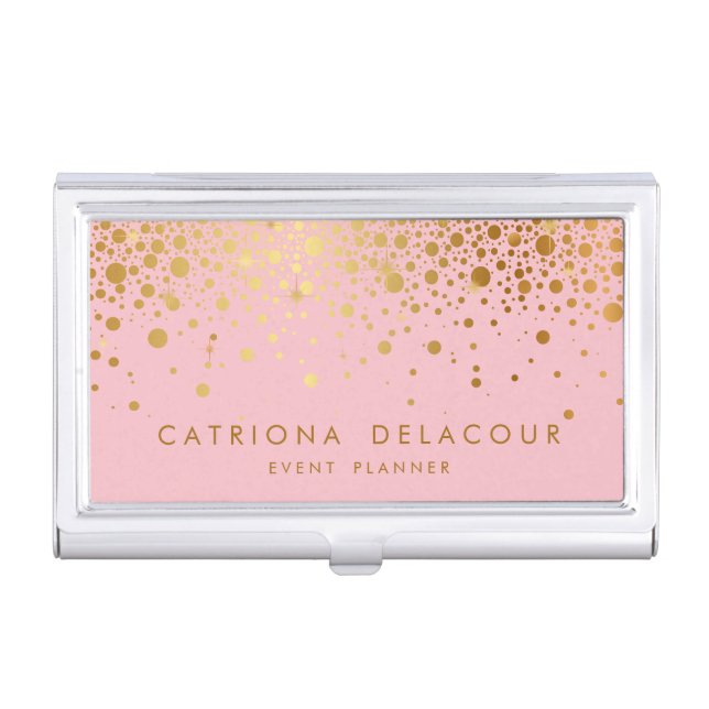 Pink Faux Gold Foil Confetti Business Card Holder (Front)