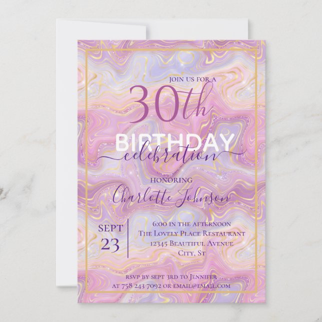 Pink Faux Gold Glitter Agate Any Age Birthday  Invitation (Front)